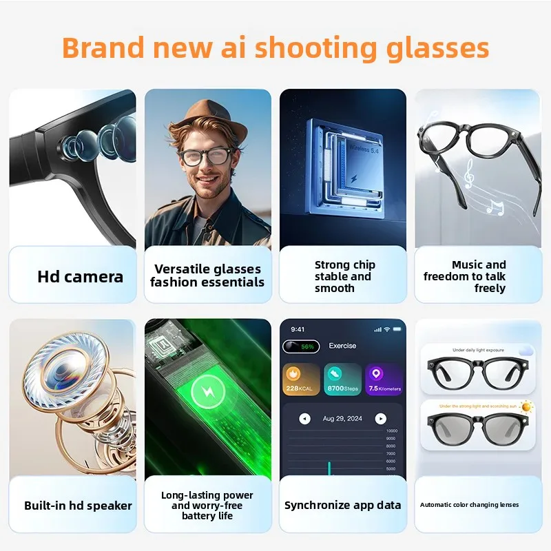 New Photochromic Smart Eyeglasses with Camera & Bluetooth for Music for Photos/Video AI Smart Sunglasses Real Time Translation