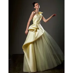 New Arrival Fashion One-Shoulder Prom Dress Yellow Elegant Pleat Floor Length A-Line Gowns Chic Formal Party Evening Dress