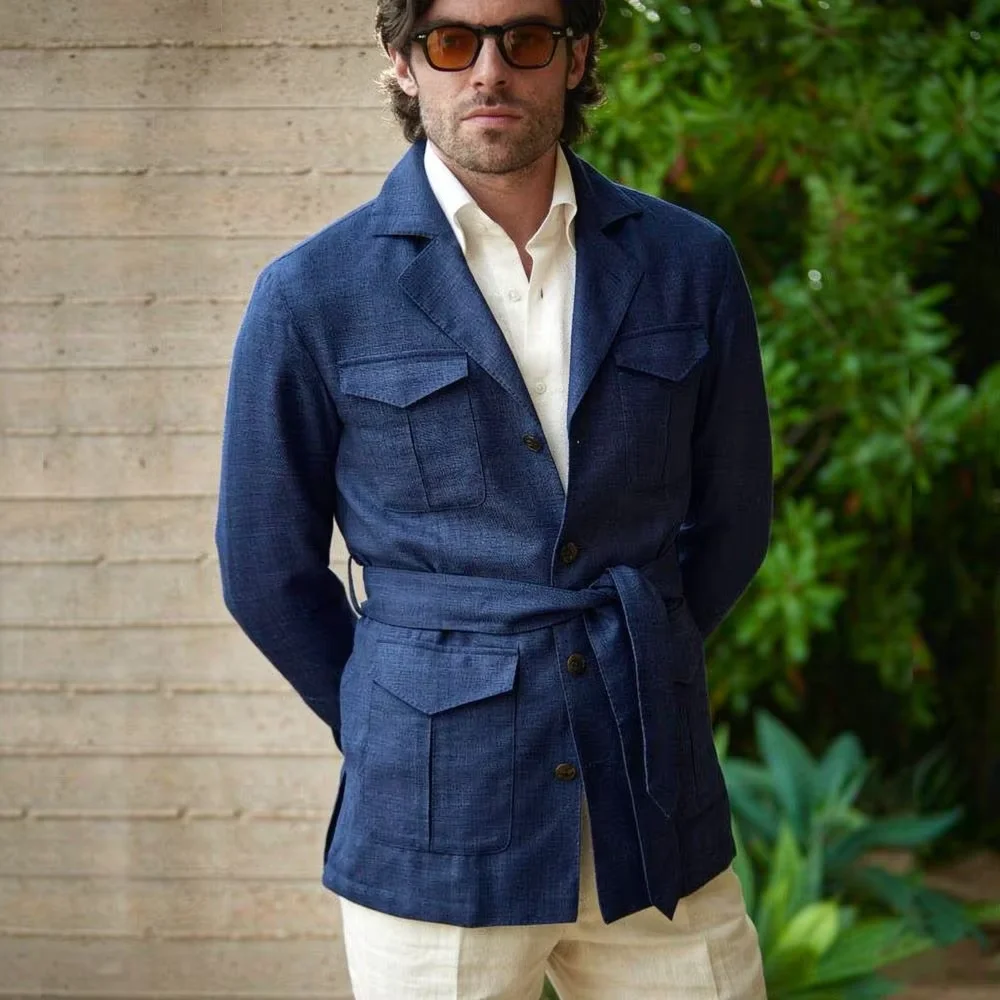 Men Linen Formal Wear - Męska marynarka safari z lnu z