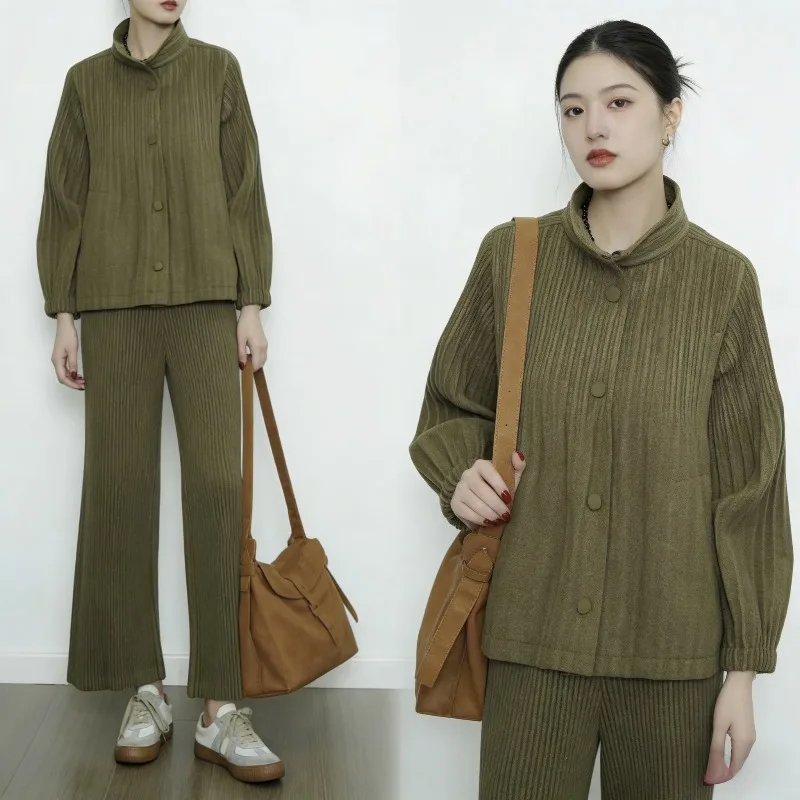 2025 مياكي مطوي السراويل دعوى ربيع خريف جديد بلون سترة الوقوف طوق سترة السراويل المستقيمة قسم سميك عادية #1