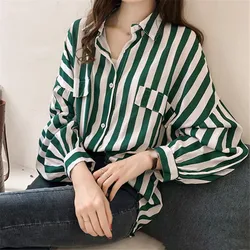 Spring and Summer Women's Casual Striped Lapel Long Sleeved Shirt Korean Version Loose Button Up Long Sleeve Tops Casual Blouses