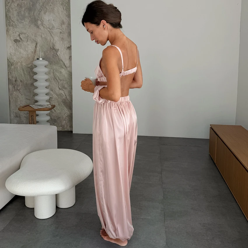 Elegant White Satin Trousers Suits Pajamas Sexy Crop Top Vest With Wide Leg Pants 2 Piece Set Summer Casual Sleepwear Women 2026