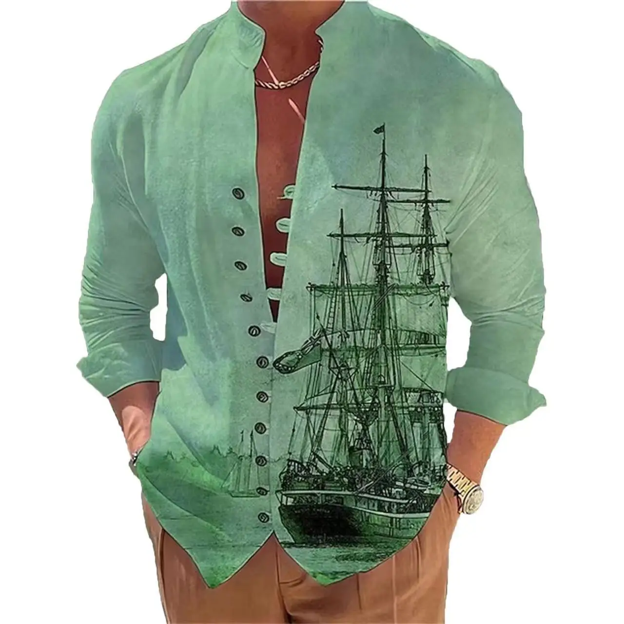 Spring Autumn Sailboat printin Hot Sale Men\'s Long-Sleeved Shirts Solid Color Stand-Up Collar Casual Style Plus Size Shirts New