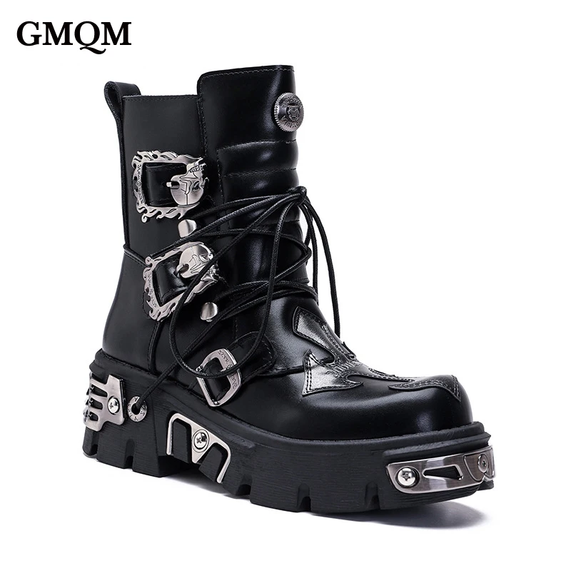 

GMQM Platform Fashion Women Ankle Boots New 2024 Motorcycle Boots Metal Decoration Punk Gothic Style Round Toe Thick Sole Shoes