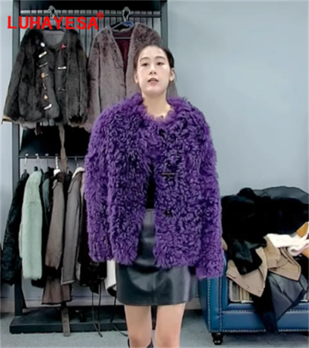 2024 Tuscany Sheepskin Lamb Fur Shearling Coat Women Winter Fashion Purple Real Fur Coat Genuine Fur Outfits