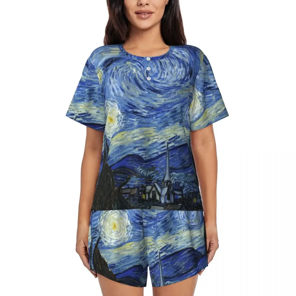 

Van Gogh Round Neck Short Sleeve Nightgowns for Sleeping Sleepshirts Women Loose Pajama Set Short Pants