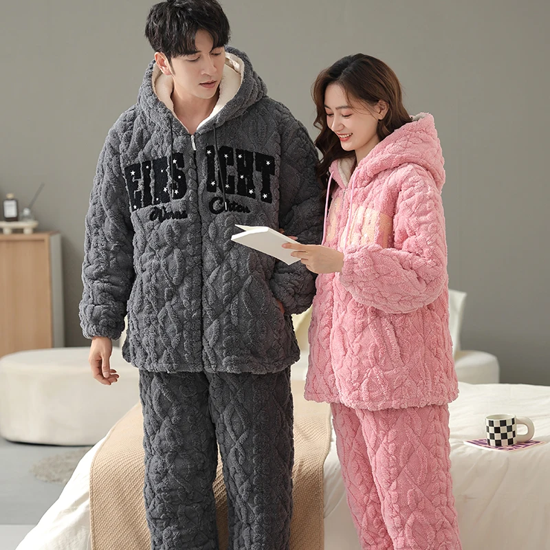 Newest Winter Hooded Pajamas Set Couple Men Women Pyjamas 3 Layer Clip Cotton Home Suit