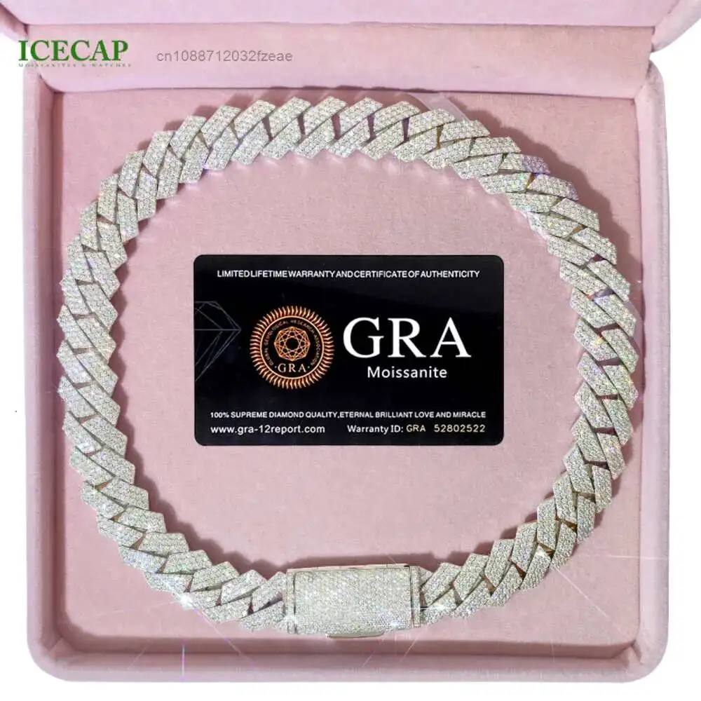 Luxury Dazzling Adorable Fully Iced Out Cuban Link Chain 18mm 3 Rows Moissanite Diamond Cuban Chain Necklace Hip Hop Style.