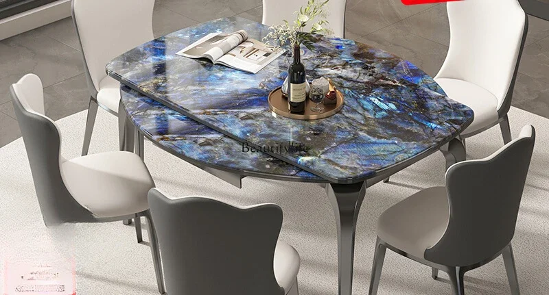 Natural microcrystalline stone retractable round dining table marble blue jadeite square round