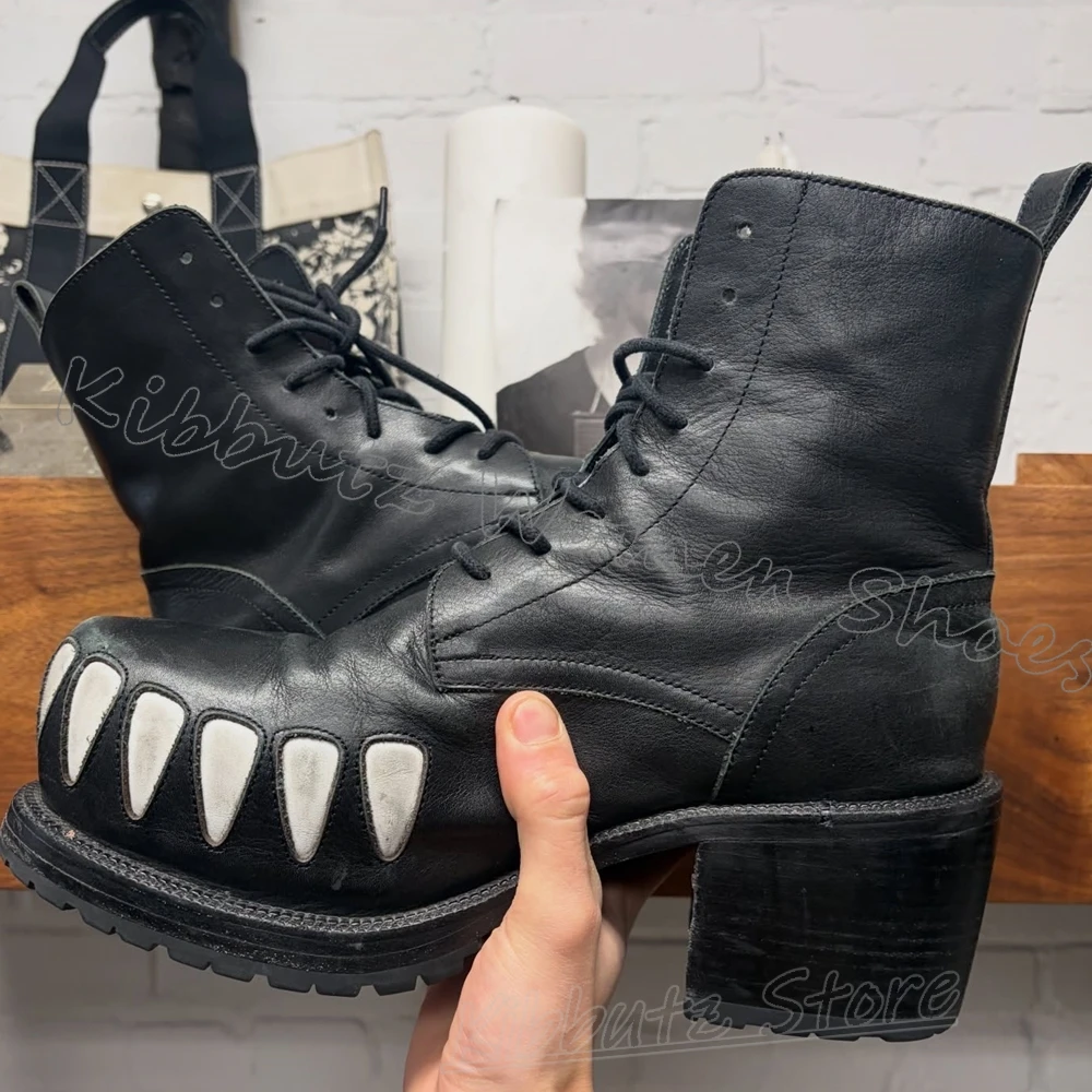 Teeth Ankle Platform Boots Lace-Up Monster Women Shoes Round Toe Chunky Heel Leather Mixed Color Fashion Luxury Elegant Concise