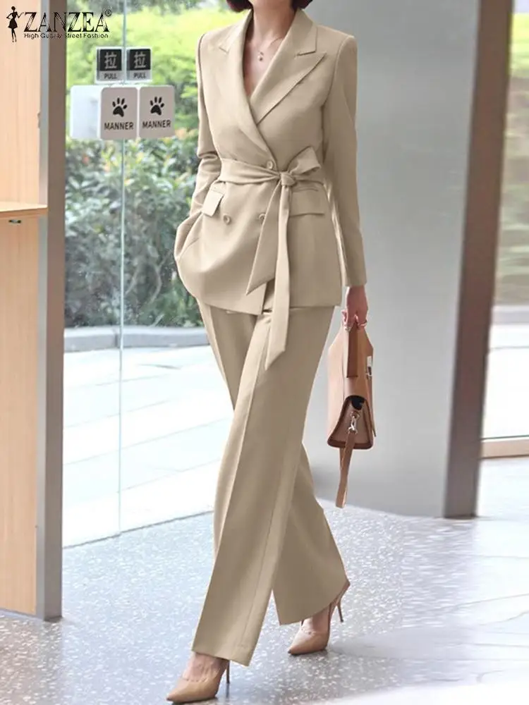 

ZANZEA Fashion Matching Sets Suit Long Sleeve Lapel Neck Tops Wide Leg Pants 2pcs Woman Casual Party Vintage OL Blazer Outifits