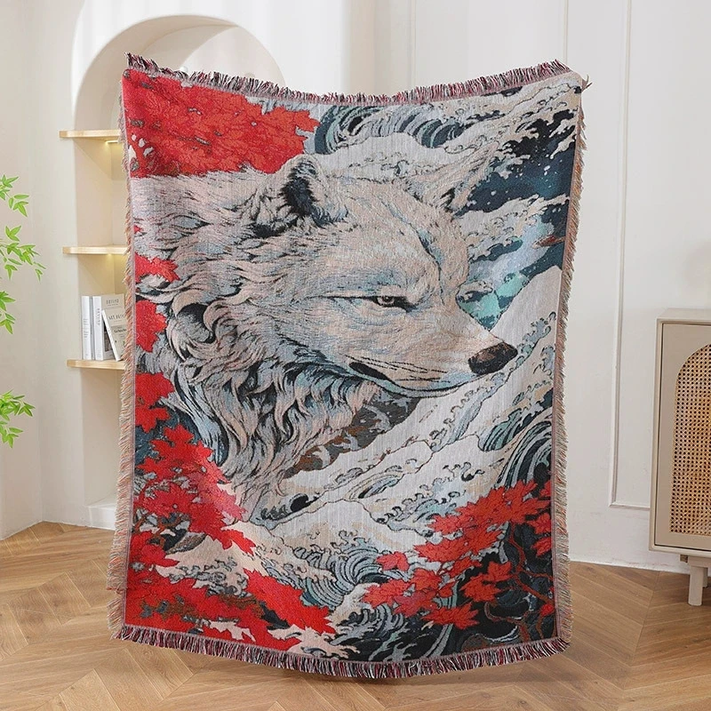 Japanese Style White Wolf Red Floral Blanket Cartoon Home Decorative Tapestry Retro Blankets Sofa Cover 130x160cm dropshipping