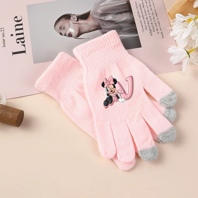 Disney Minnie Knitted Gloves Full Finger Outdoor Cycling Glove A-Z Letters Screen Warmth Solid Color Thick Touch Screen Mittens