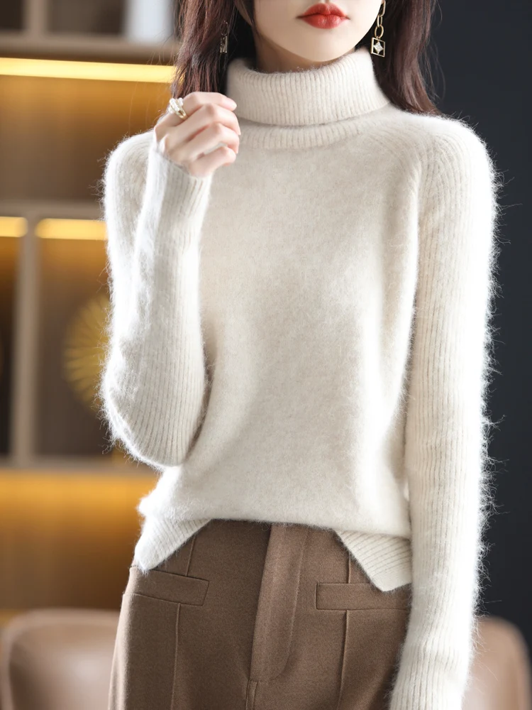 Winter New 100% Mink Cashmere Sweater Women's Lapel Knitted Pullover Loose Turtleneck Long Sleeve Tops Thick Large Size Clothing