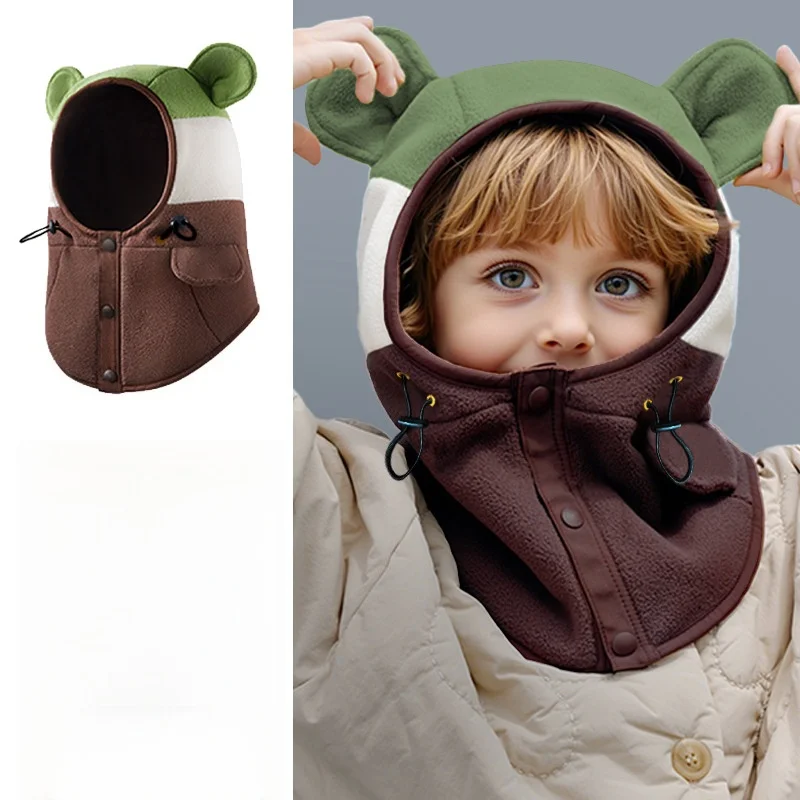 

Kids Boy Girl Warm Balaclava Hat Fashion Bear Ears Color Block Fleece Neck Warmer Hooded Scarf Integral Winter Ski Face Cover
