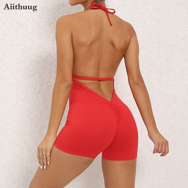 

Aiithuug Tie Backless Yoga Jumpsuits Solid Seamless Nude Feeling Scrunch Butt Women‘s Athletic Bodysuit Tracksuit Sport Rompers