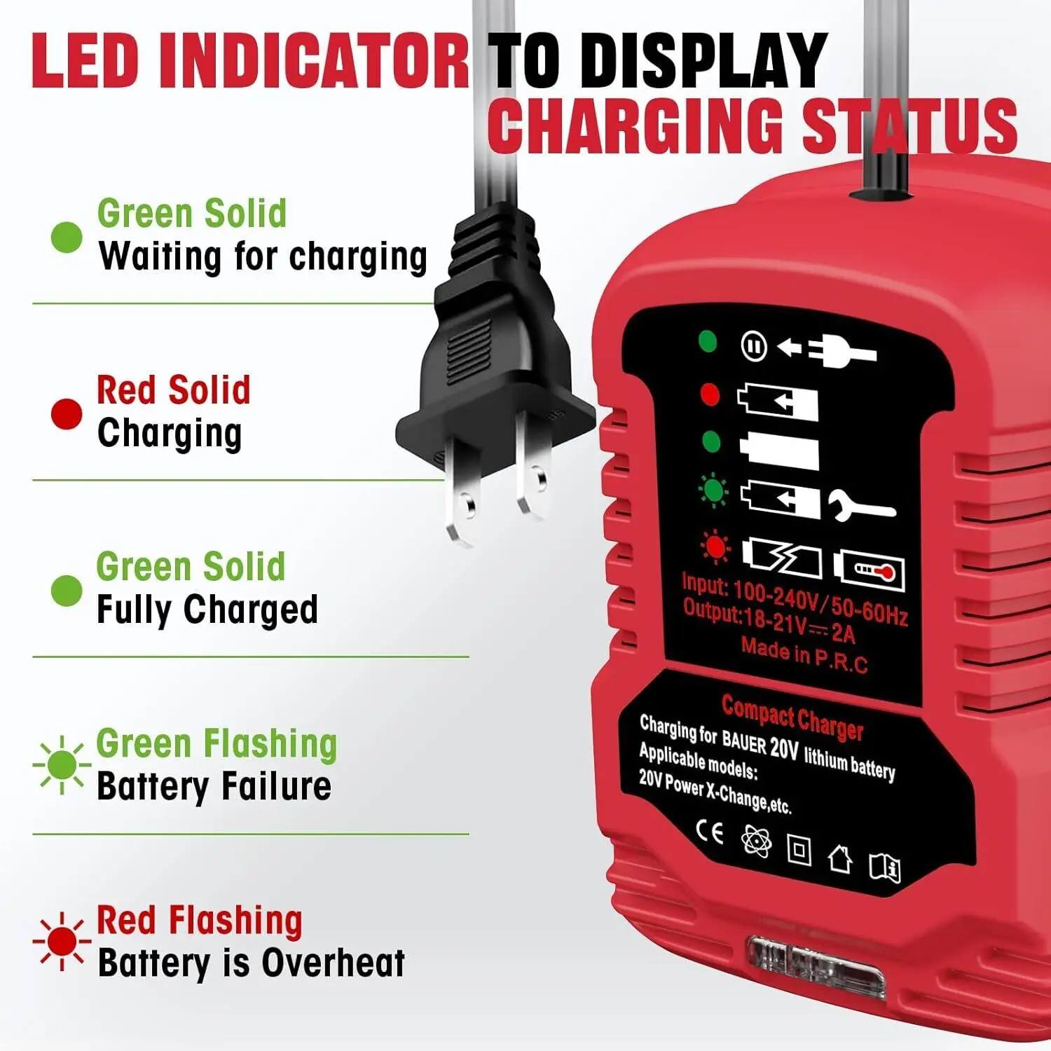 Portable Battery Charger for Bauer 20V Li-ion Battery Charger Station with LED Indicator Mini Charger(Battery Not Included)