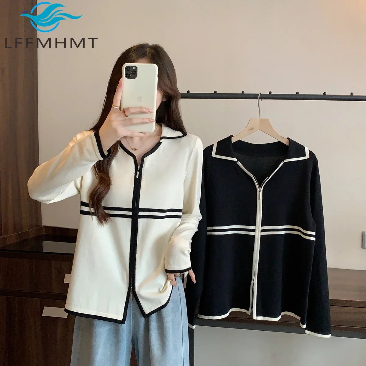 Spring Autumn Fashion Zip Cardigan Good Quality Korea Style Women Color Contrast Knit Coat Slim Long Sleeve Belly Cover Sweater