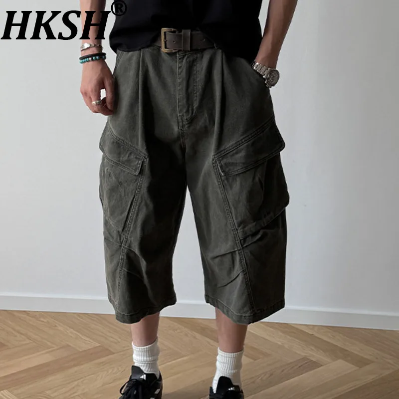 HKSH Spring Summer New Men Tide Heavy Washed Pocket Cropped Pants Women Shorts Pleated Cotton Straight Workwear Overalls HK22242