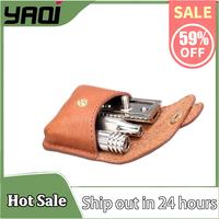 YAQI Nickel Color Travel Razor With Leather Pouch for men, lightweight, travel-size shaving tool making ideal on-the-go grooming