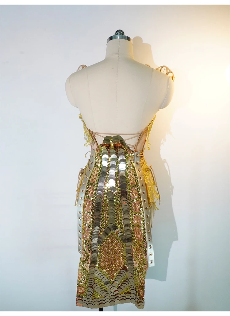 반짝이는 황금 스팽글이 있는 투피스 드레스 섹시한 등이없는 레이스 생일 파티 클럽 공연 및 휴일 축하 의상