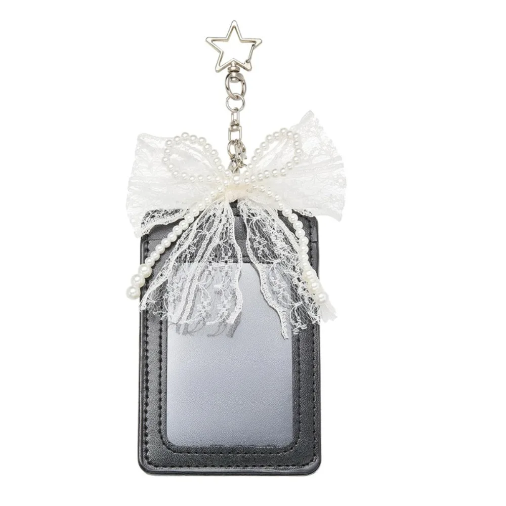 New PU Leather Cute Photocard Holder Pearl Bow Star Keychain ID Card Case Lace INS Style Photo Storage Pouch Girls