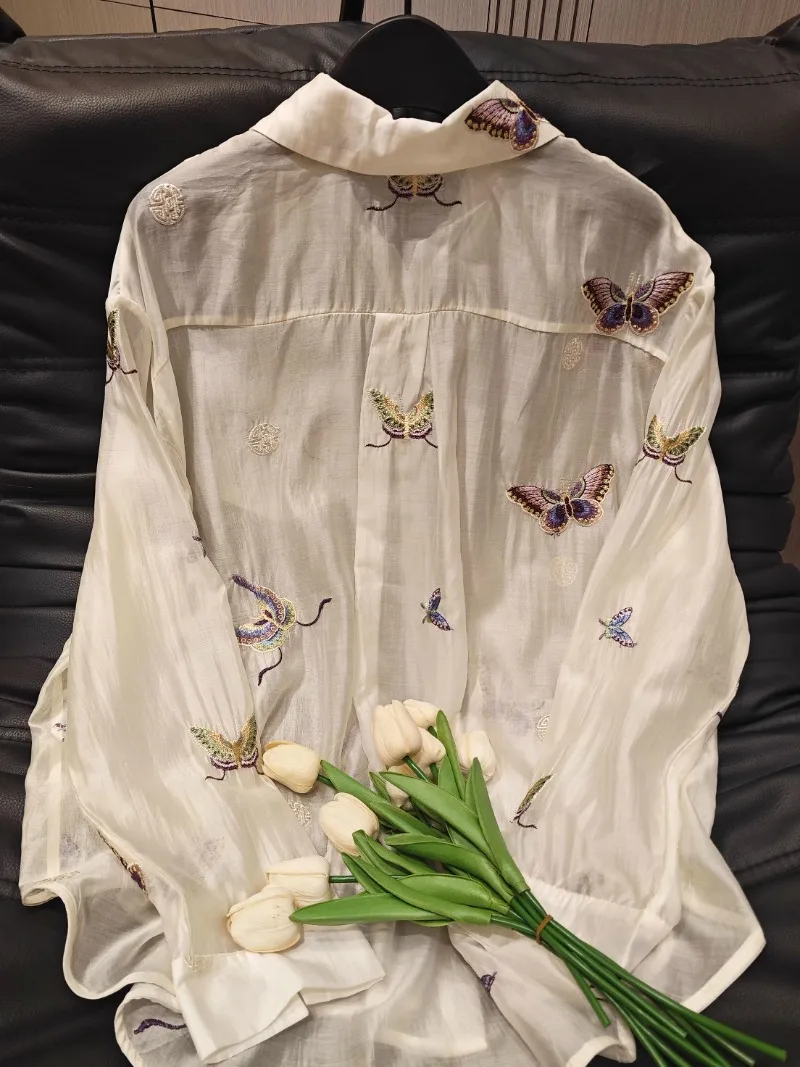 2025 Summer New Heavy Industry Embroidery Butterfly Loose Fashion Versatile Casual Style Sunscreen Shirt Long Sleeve For Women
