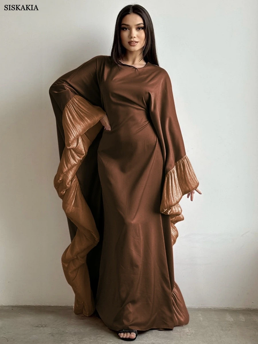 Siskakia Luxury Women Petal Sleeve Abayas Batwing Dubai Batwing Sleeve Maxi Dress Muslim Fashion Solid Kaftan 2025