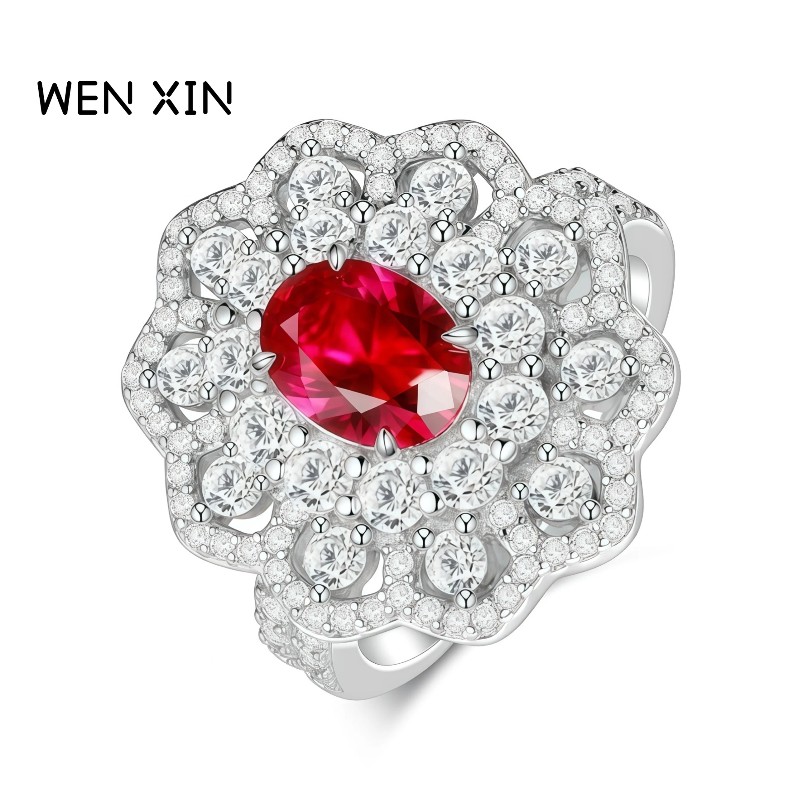 

WENXIN Brand High Quality Hot Sales Classic Pigeon Blood Red Oval Ring with High Carbon Diamond And Ruby Set Ring Jewelry