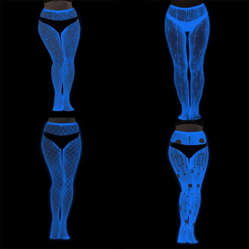 متوهجة الأزرق في الظلام المرأة مثير الجورب بوديستوكينج المثيرة Underwerar جوارب طويلة جوفاء شبكة السمك الجورب