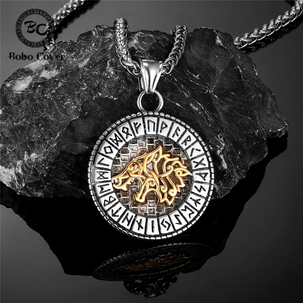 Viking Norse Mythology Odin Wolf Necklaces Men Gold Color Fenrir Rune Pendant Talisman Stainless Steel Male Scandinavian Jewelry