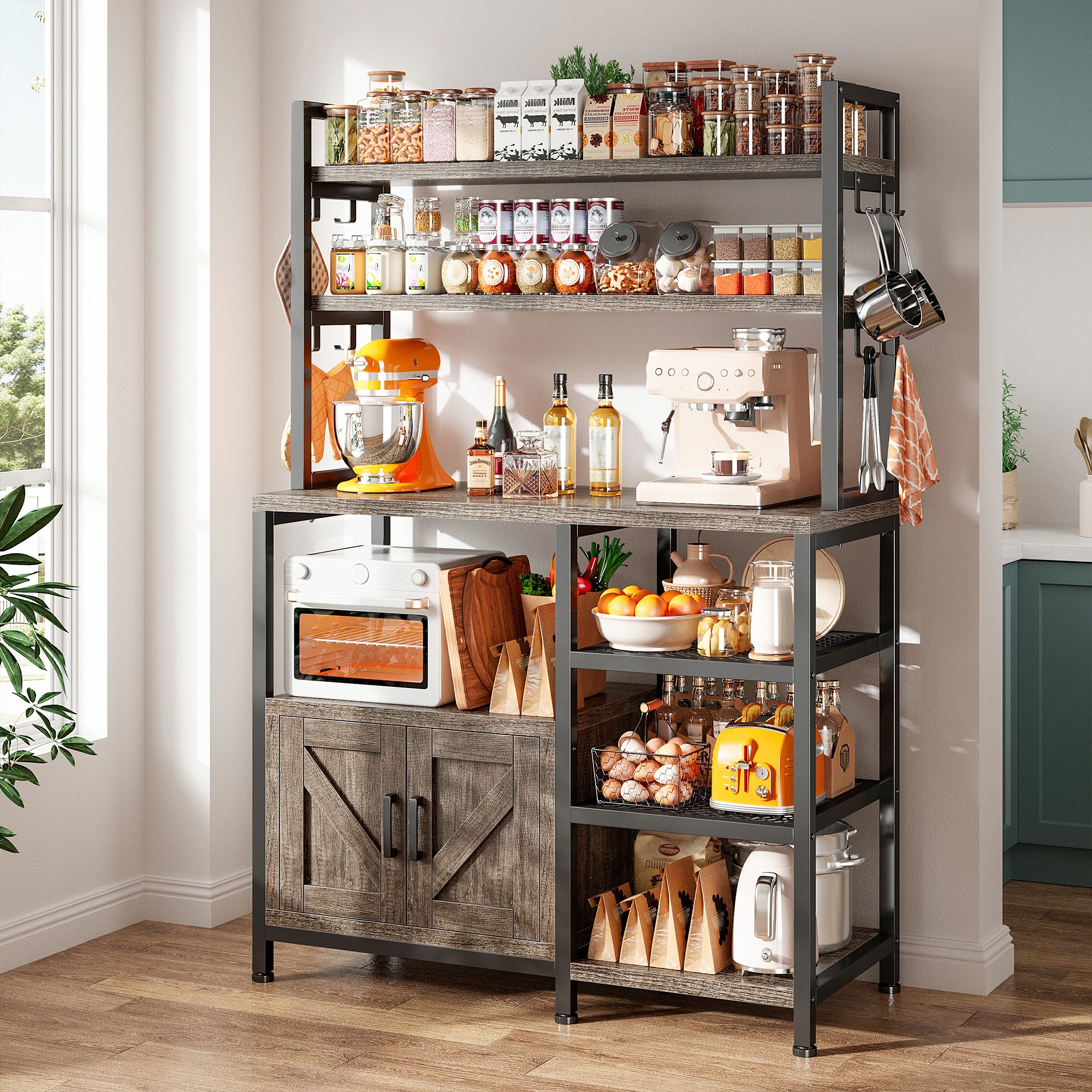 6-layer kitchen storage rack, with microwave oven bracket and storage cabinet, large-capacity country-style coffee bar counter with side hooks, kitchen storage