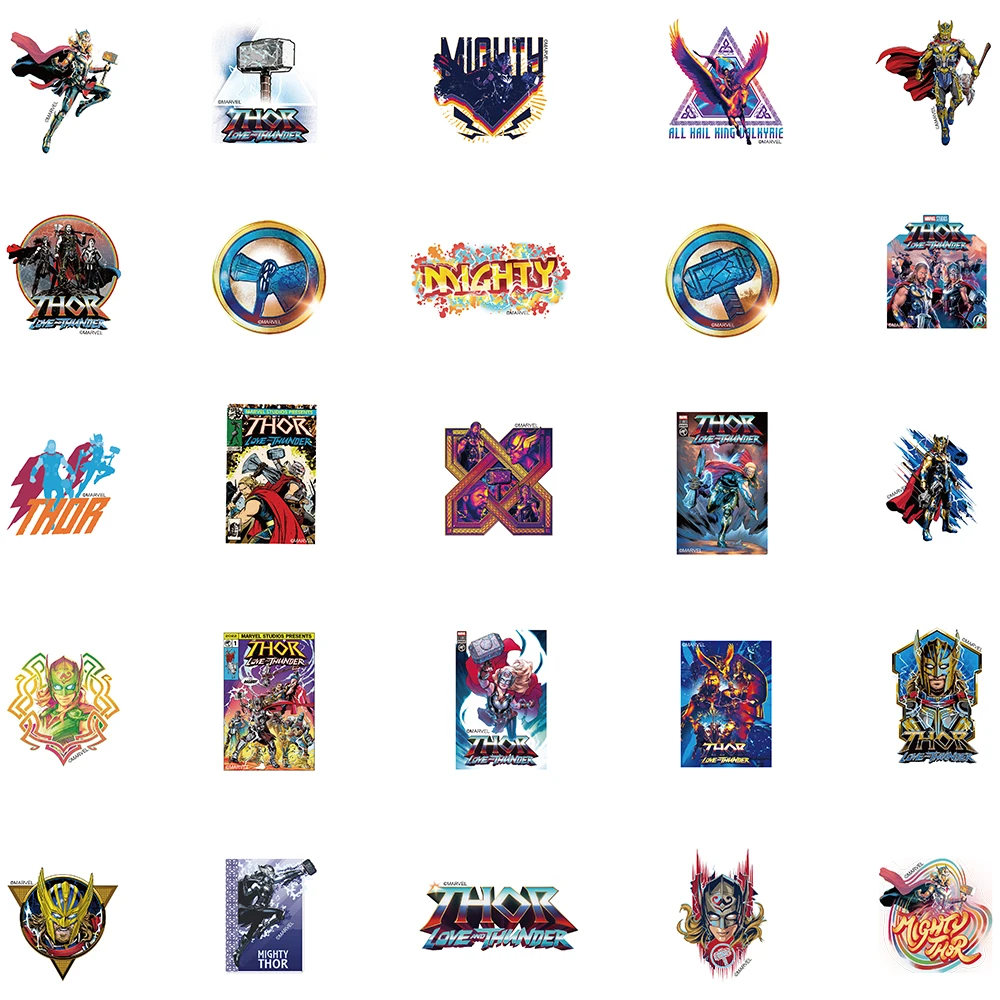 50PCS Disney Thor Superhero Marvel Stickers Avenger Skateboard Guitar Laptop Luggage Cartoon Waterproof Sticker Kid Toys