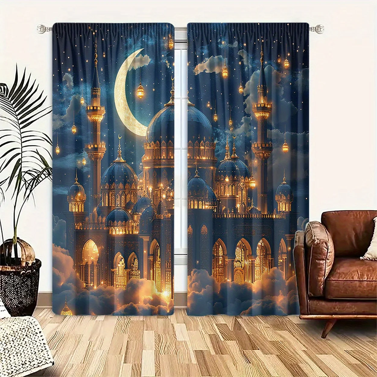 2pcs Art Deco Crescent Moon Mosque Print Light-Filtering Curtains, Polyester Peach Skin Velvet, Machine Washable, Fade Resistant