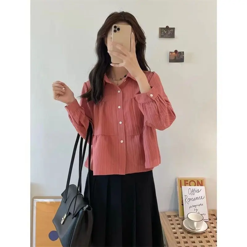 New Korean-style Lapel Single-breasted Long-sleeve Babydoll Blouse, French Cropped Shirt for Women