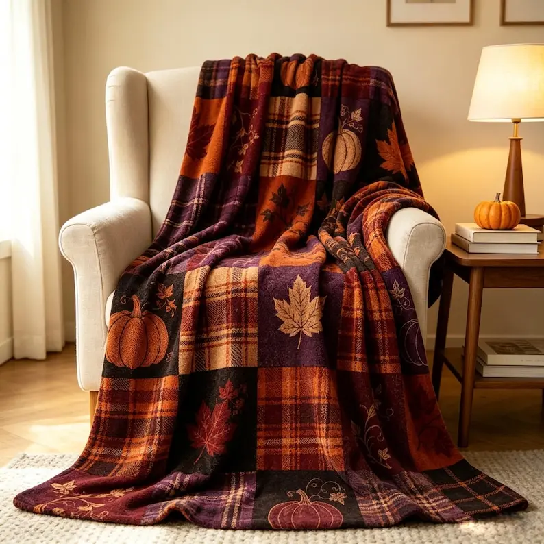 Patchwork Flannel Throw Blanket, Autumn Plaid Pumpkin Maple Leaf, Rustic Harvest Home Decor