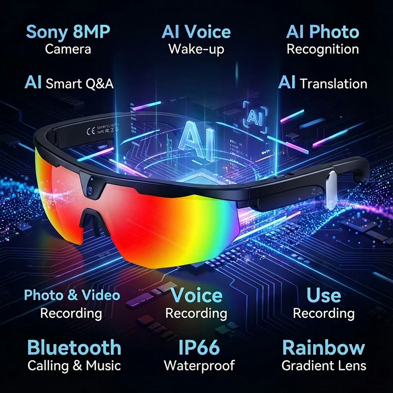 

AI Smart Glasses With Camera Sunglasses 2026 Sports Cycling Goggle Touch Control Wireless Bluetooth Call Video Recording Eyewear