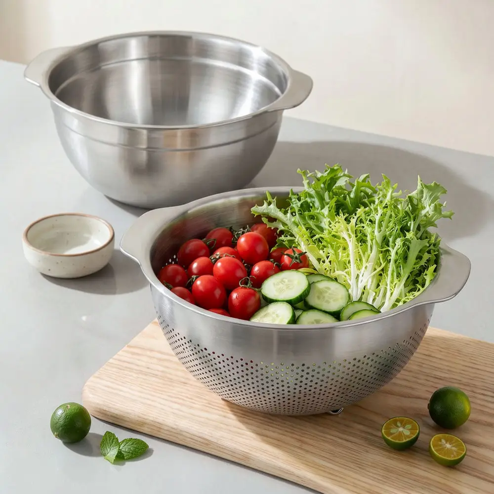 304 Stainless Steel Kitchen Basin Colander Vegetable Fruit Washing Basket Draining Bowl Double Handle Food Preparation