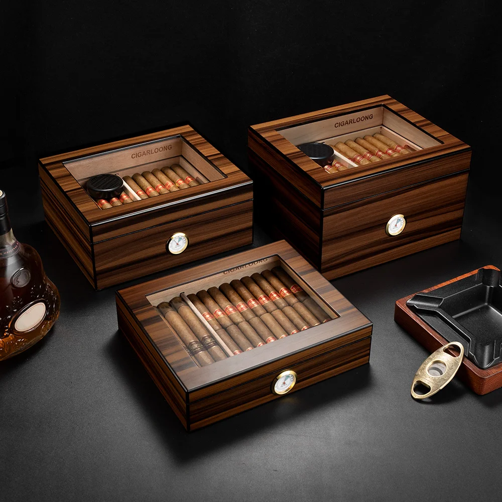 Humidor de cigarros de cedro español, caja de cigarros con higrómetro con estantes para almacenamiento de cigarros con humidificador, portátil de gran capacidad