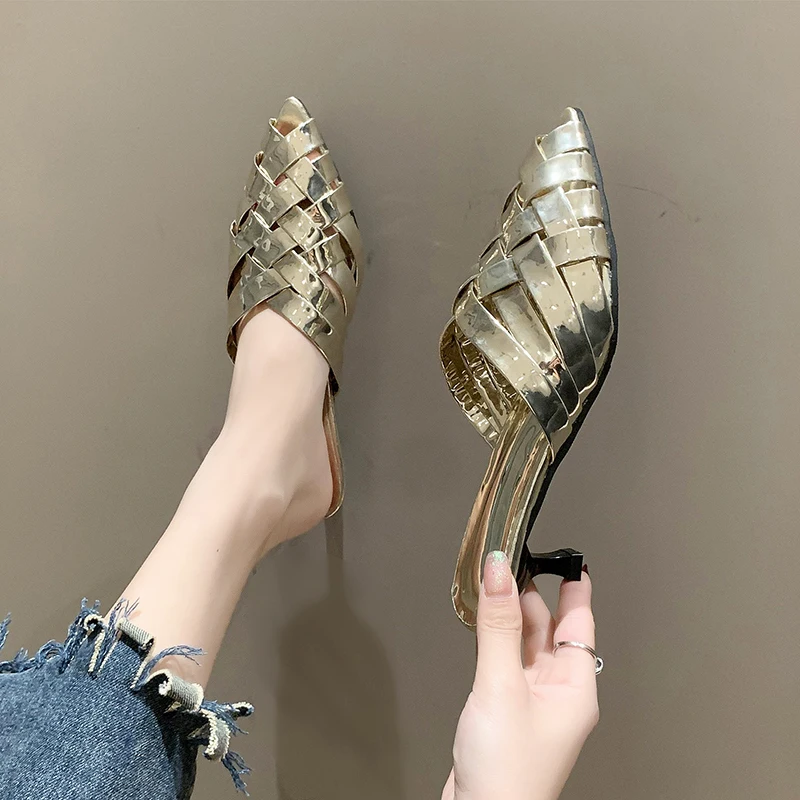 Luxury Braided Low Heel Mules Slides Woman Summer Pointed Toe Slip-on Weave Sandalis Ladies Elegant Evening Party Pump Shoes