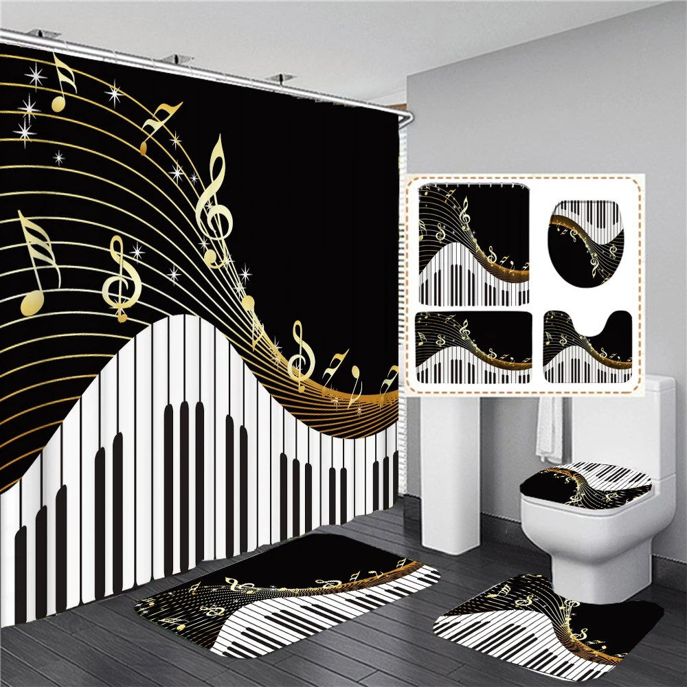 

Waterproof Bathroom Shower Curtain Music style Bath Curtain Sets Toilet Cover Non-Slip Mat Rug Carpet Set Home Decor Accessories