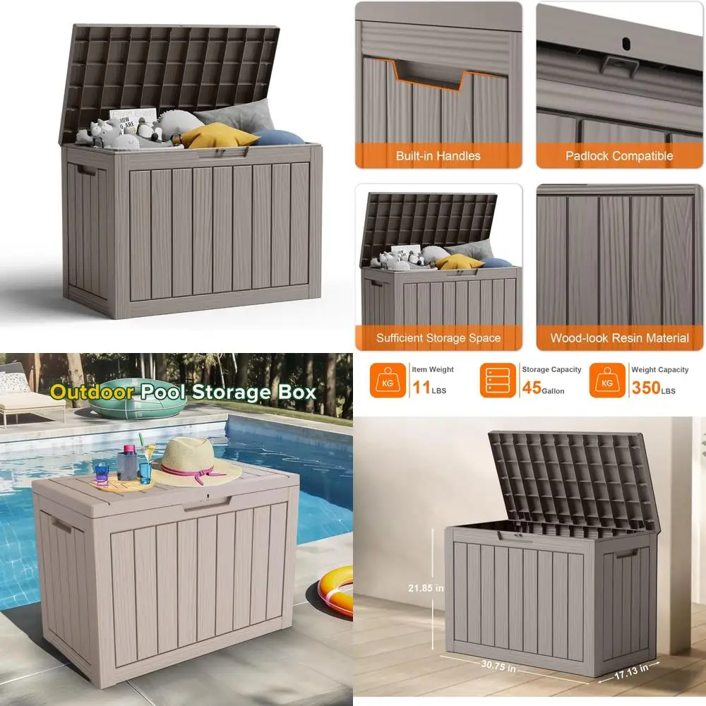 45 Gallon Resin Deck Box, Lockable Patio Outdoor Storage Box for Furniture, Garden Tools and Tools Storage, Waterproof Outside S