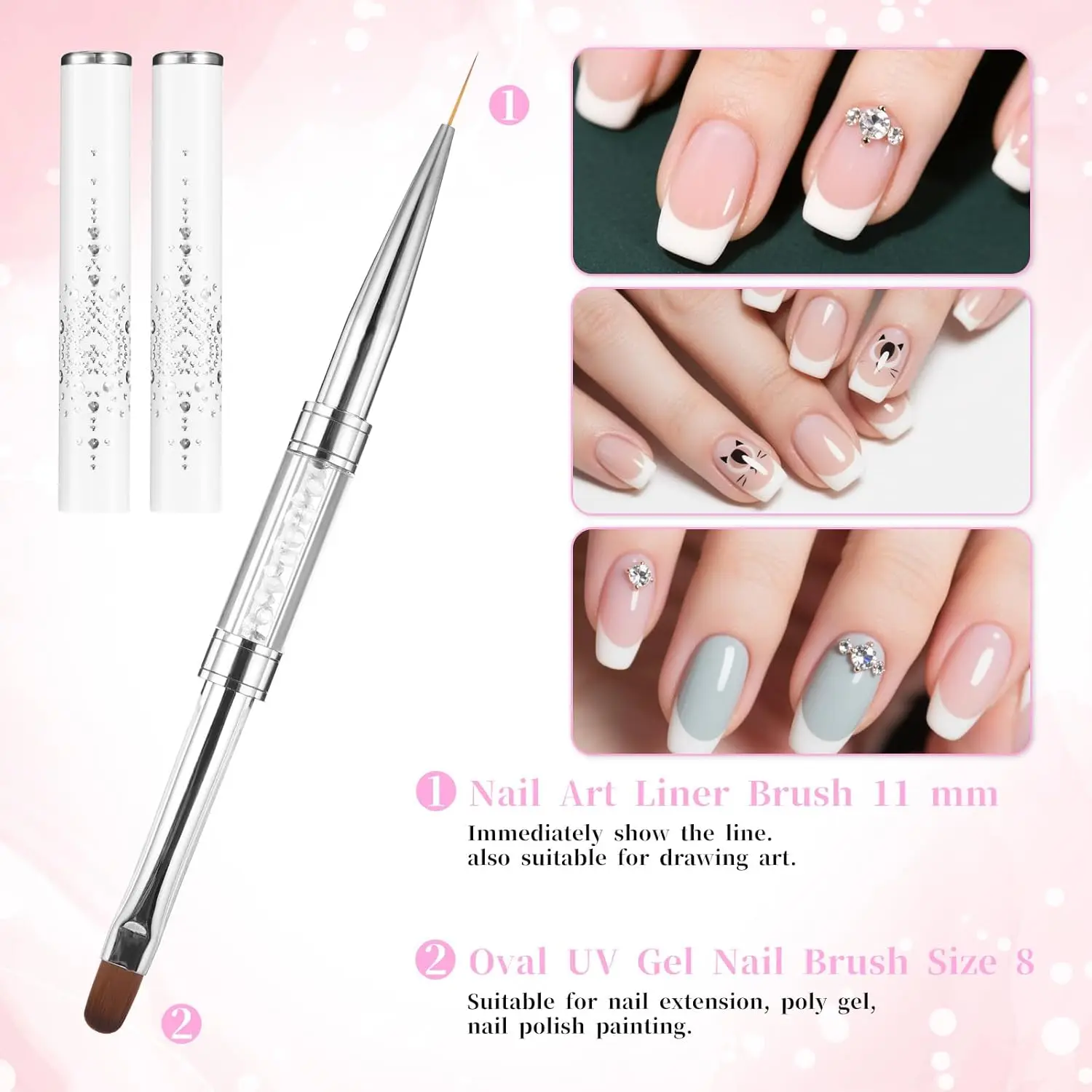 Neue doppelseitige Nagelkunstpinsel: Ovaler Gel-Nagelpinsel mit Strassgriff für French-Designs und Nagelwerkzeuge – Detail 5