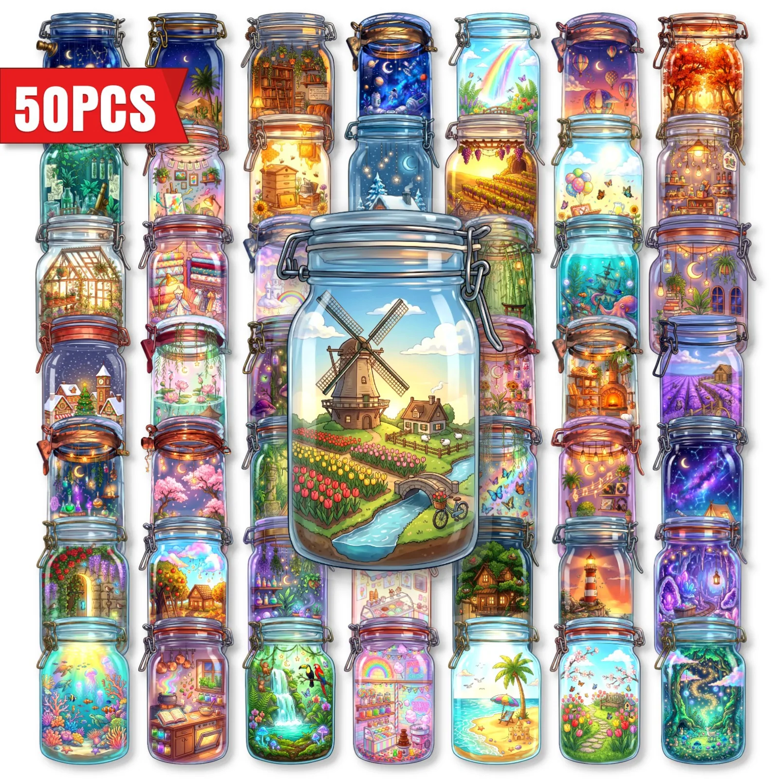 50Pcs Ins Style Wishing Bottle Clear PET Stickers Dreamy Mini Bottle World Waterproof Decals for Phone Laptop Decor