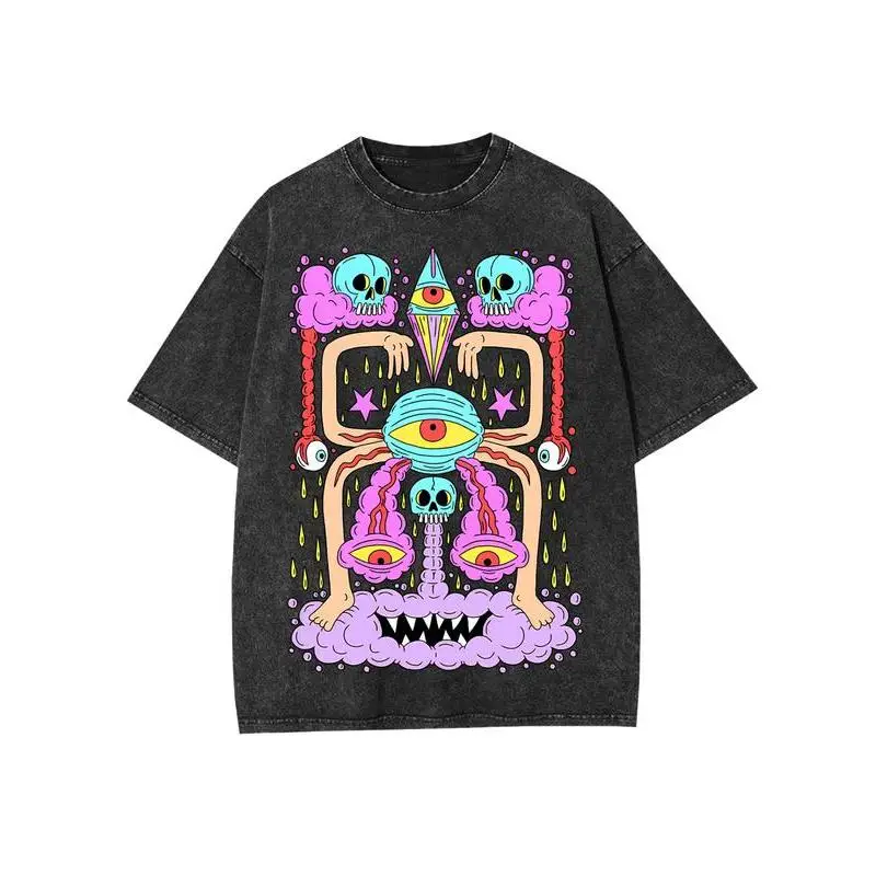

Vintage Washed T-shirt Men Surreal Skull Eye Print Oversized Tee Hip Hop Streetwear Y2K Grunge Style Psychedelic Graphic Top