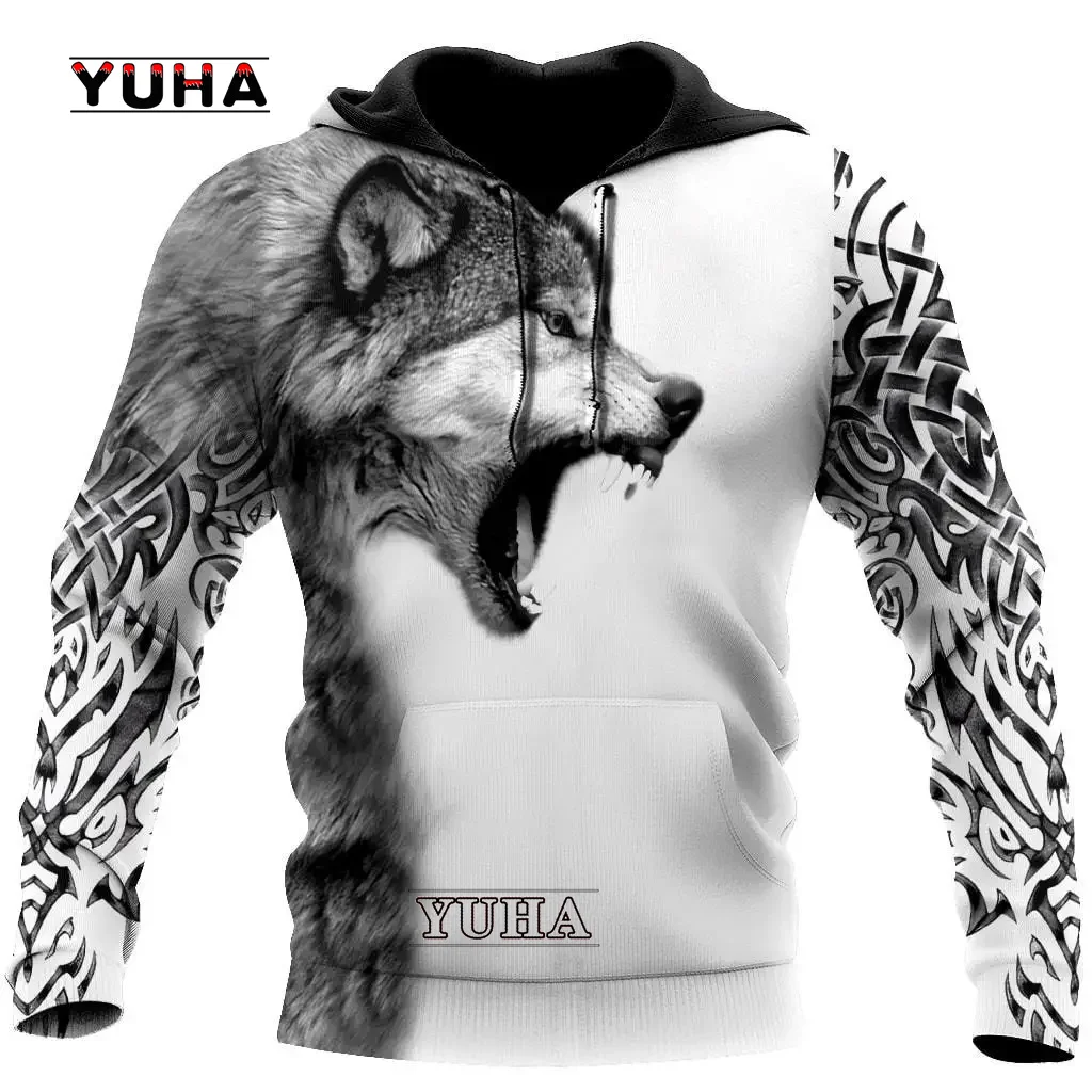 

New Fashion Men's Gray Wolf Tattoo 3D All Over Printed Autumn Men Hoodies Unisex Casual Pullover Streetwear sudadera hombre