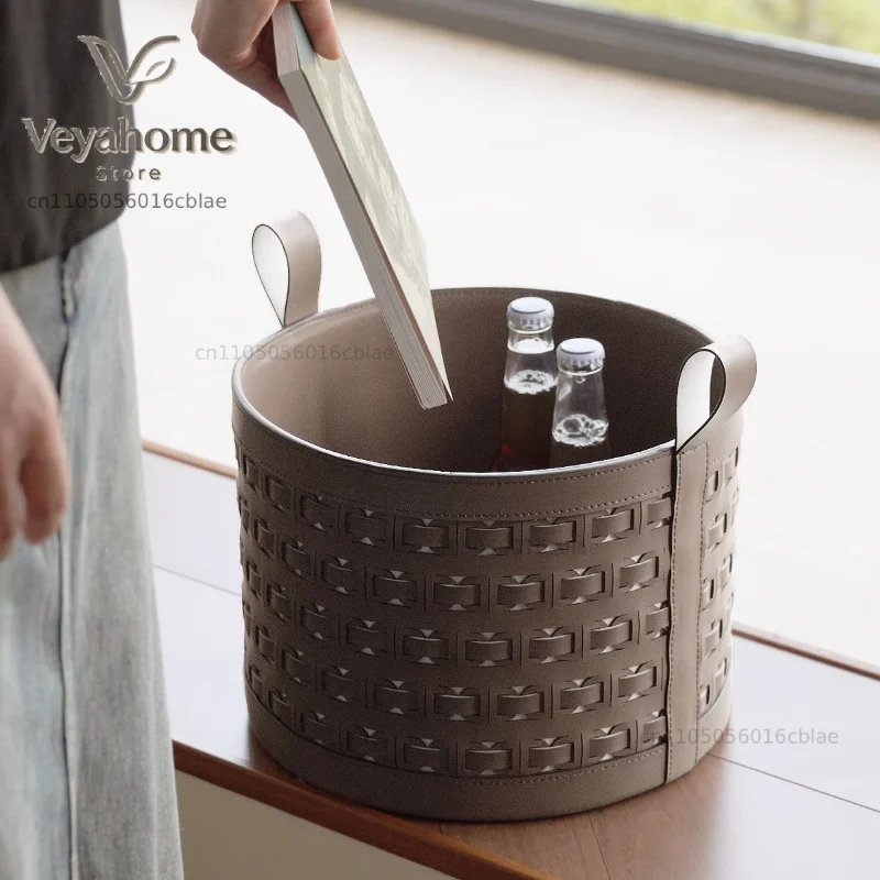 ‌Luxury Woven Leather Storage Basket Collapsible Clothes Hamper Bin with Handles for Laundry Room Bedroom Organization Decor
