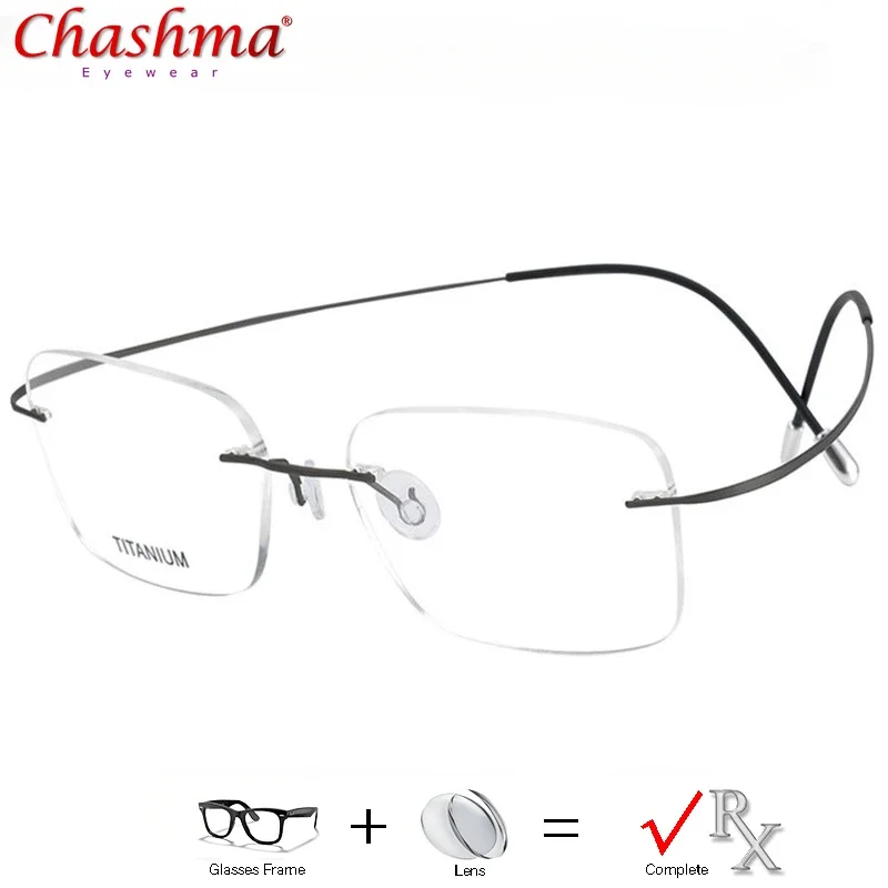 

100% Pure Titanium Square Frames Man's Frameless Prescription Glasses with Lenses Super Rlastic Temple Rimless Glasses Men