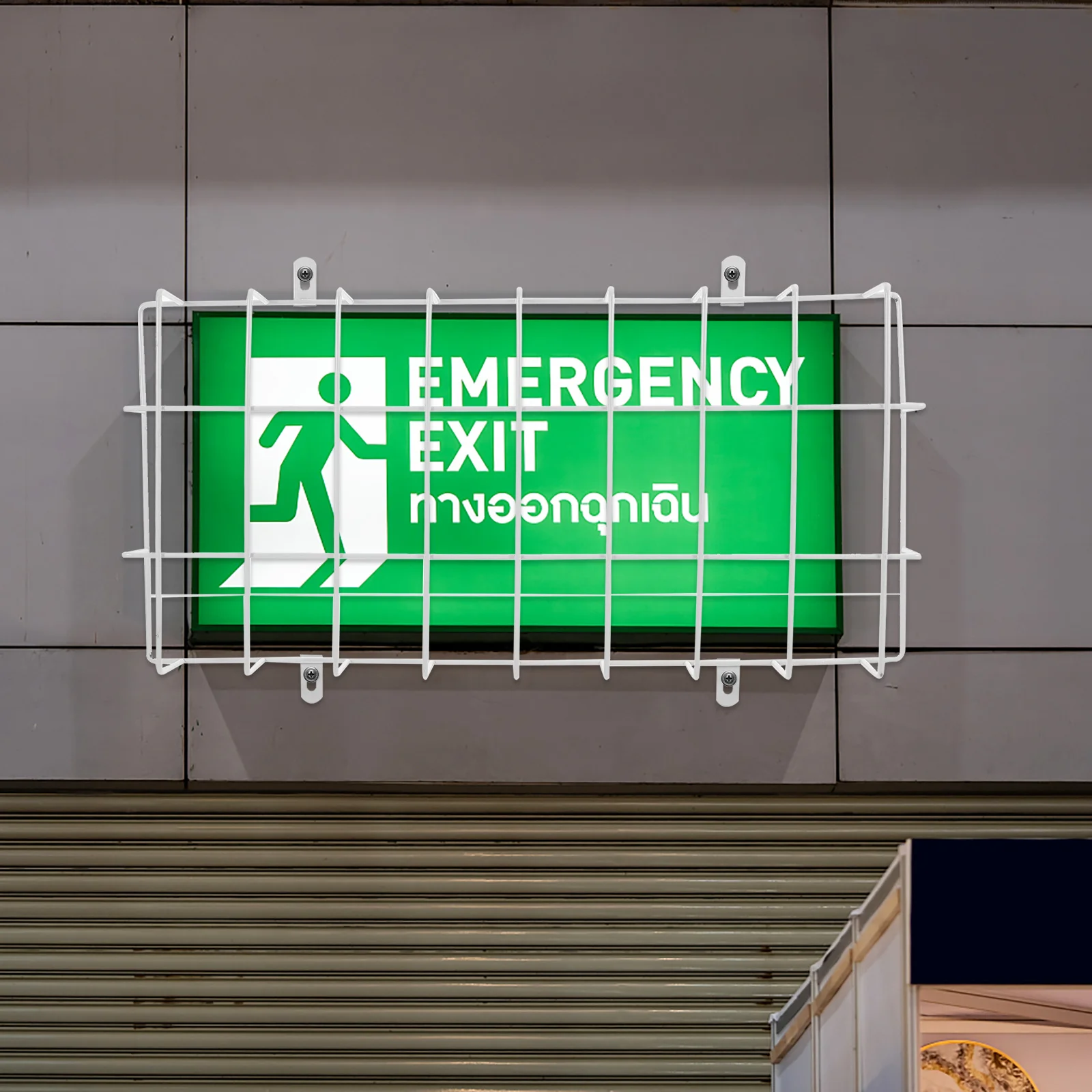 قفص خفيف للخروج في حالات الطوارئ، غطاء شبكي سلكي معدني واقي لافتة خروج مثبت على الحائط لمقاومة التأثير المتانة #4