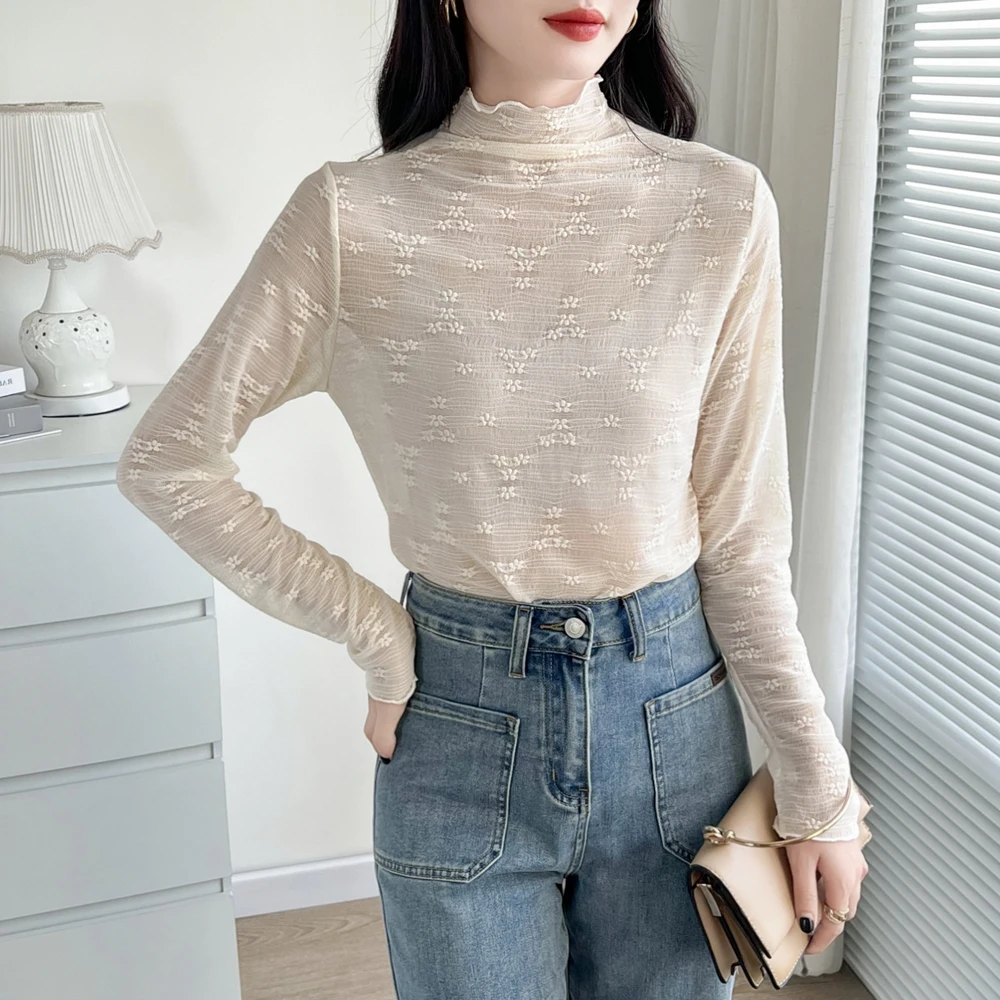 

Embroidered Flower Lace T Shirt Half High Collar Long Sleeve Tees Y2K Black White Slim Fit Cute Sheer Shirts Top Women Clothing